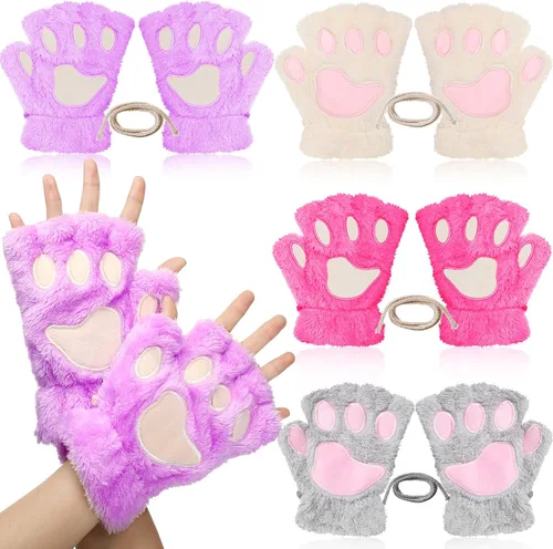 SATINIOR 4 pares de guantes de pata de gato, guantes sin dedos, guantes de medio dedo, guantes de felpa de invierno para niños y adultos Cosplay