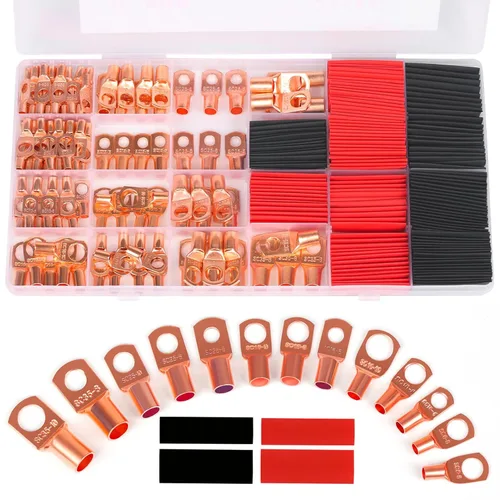 Miniatura 8 de Lengüetas de alambre de cobre, conectores de terminal, utilizadas en cable AWG12 10 8 6 4 2, juego termorretráctil, ojales de cobre desnudo