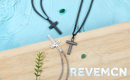 Miniatura 7 de Collar inspirador de cruz con versículo bíblico para hombres y niños, collar con colgante de cruz de plata negra lisa de acero inoxidable