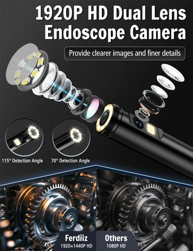 Miniatura 2 de Cámara endoscopio con luz, boroscopio HD 1920P con 8 luces LED ajustables, boroscopio con cámara de serpiente semirrígida de 16.4 pies con luz