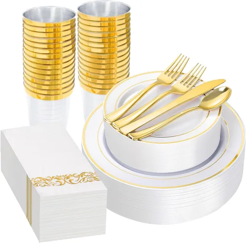 Miniatura 14 de Supernal Juego de vajilla de plástico de 216 piezas incluye platos desechables arcoíris para fiesta resistentes, vasos desechables coloridos, 216