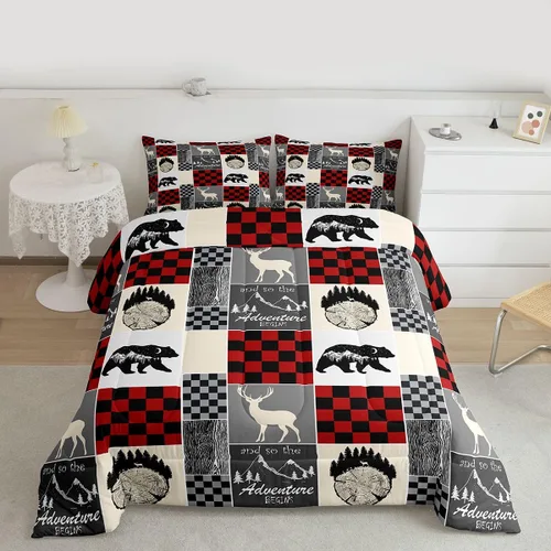 Miniatura 71 de Juego de edredón de oso y ciervo, tamaño individual, ropa de cama de animales salvajes de caza, colcha rústica de cabaña, casa de campo, cuadros