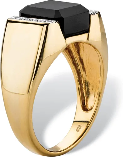 Miniatura 2 de PalmBeach Jewelry - Cojín de plata de ley chapado en oro amarillo para hombre, ónix negro natural y circonita cúbica redonda, tamaños 8-13, Metal