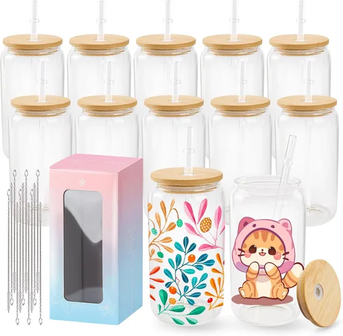 Joyclub Paquete de 12 vasos de vidrio de sublimación con tapas y pajitas de 16 onzas, vaso de vidrio transparente de sublimación en blanco, tazas