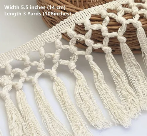 Miniatura 5 de FQTANJU Borla de algodón de 3 yardas de 5.5 in de ancho, borla de algodón, cinta bohemia de macramé para accesorios de costura, manualidades y Beige