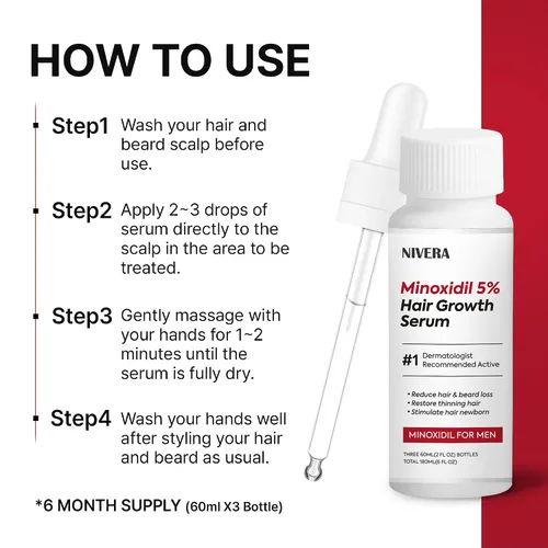 Miniatura 5 de NIVELA 5% de minoxidil para el crecimiento del cabello para hombres: 3 botellas de 2.0 fl oz Kit de crecimiento de barba extra fuerte - Suero