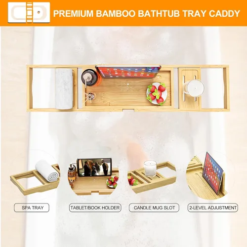 Miniatura 2 de Bandeja de bañera de alta calidad – Bandejas de baño de madera de bambú expandibles para bañera – Bandeja de mesa de bañera para bañera/bañera