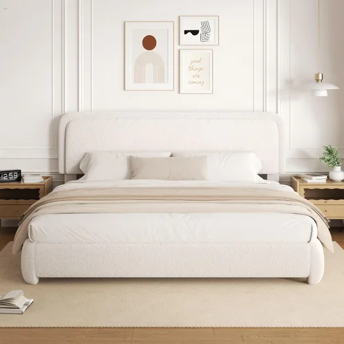 Miniatura 20 de Base de cama de tamaño Full con tapizado de bouclé, plataforma tapizada con cabecera, anticolisión con esquinas redondeadas suaves, no requiere