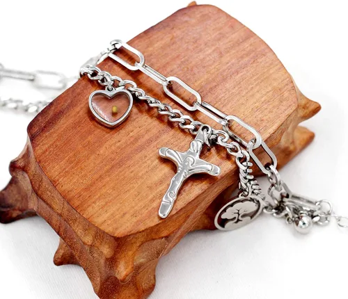 Miniatura 4 de Encantos Jesús Crucifijo Cruz Eslabón Cadena Pulsera Árbol de la Vida Brazaletes, Acero Inoxidable, Semilla de Mostaza Joyería Cristiana ZY077