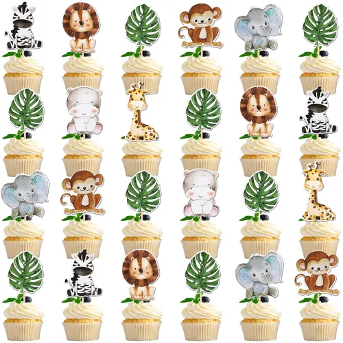 Miniatura 15 de 36 piezas de decoración para cupcakes de animales de la jungla, león, mono, cebra, hipopótamo, jirafa, elefante, temática de bosque, púas