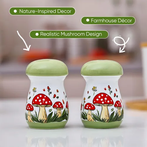 Miniatura 5 de Fungi Fun Juego de salero y pimentero de cerámica con forma de hongo, bonito juego de salero y pimienta para mesa y encimera, contenedores de Verde