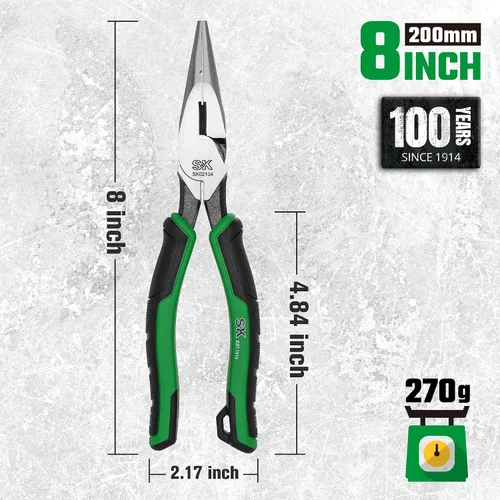 Miniatura 3 de SK Alicates de punta larga de 8 pulgadas, alicates de punta de aguja, acero de alto carbono, mango ergonómico antideslizante para un agarre cómodo