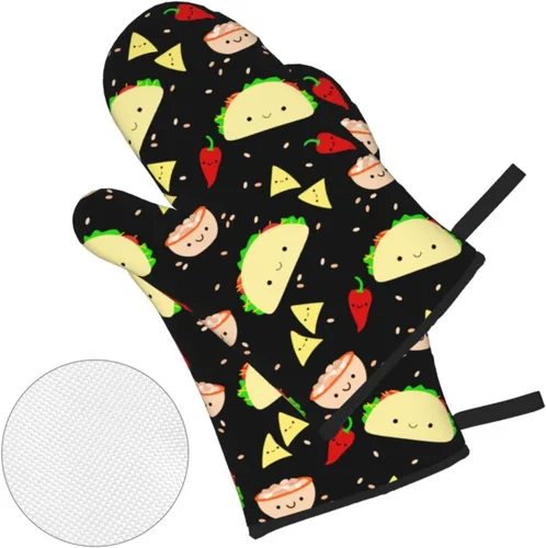 Miniatura 3 de Juego de 4 manoplas de horno y soportes para ollas con estampado de tacos Kawaii, guantes resistentes al calor para cocina, hornear, asar a la Lindo