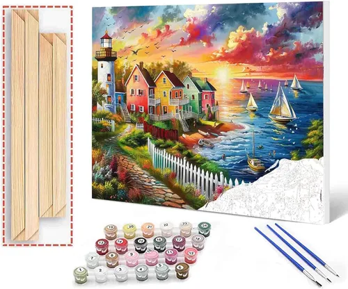 Miniatura 23 de Kit de pintura al óleo para ventana de playa, paisaje, por números, 16 x 20 pulgadas, lienzo, flores, paisaje, bricolaje, pintura al óleo para Pbn