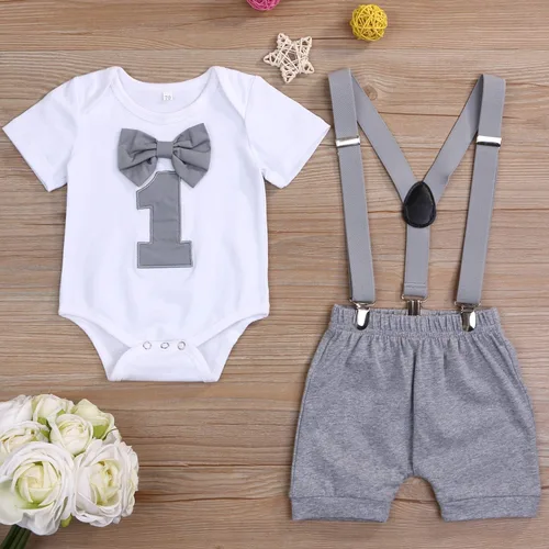 Miniatura 2 de GRNSHTS Ropa divertida de primer cumpleaños para bebé niño, mameluco con pajarita, mameluco para tartas