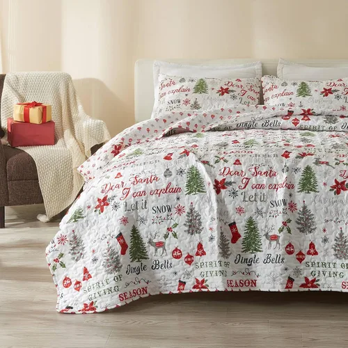 Miniatura 11 de Great Bay Home Juego de edredón navideño de 3 piezas con fundas de almohada. Colcha cubrecama reversible con patrón navideño. Colección Holly Ciervo