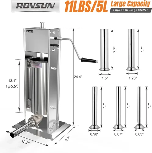 Miniatura 8 de ROVSUN Embutidora de salchichas manual de 11LBS/5L, máquina de salchichas vertical de dos velocidades de acero inoxidable, máquina de relleno