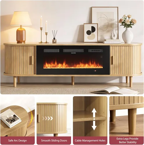 Miniatura 5 de MXV Soporte de TV con chimenea estriada de 70 ″, soporte de TV moderno de mediados de siglo con chimenea de 36 pulgadas para televisores de hasta 80