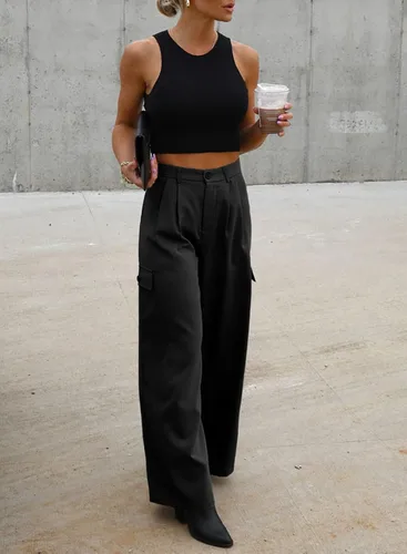 Miniatura 5 de Dokotoo Pantalones cargo de cintura alta y pierna ancha para mujer, pantalones holgados de trabajo casuales con 4 bolsillos
