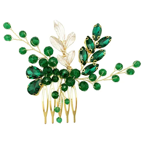 Miniatura 8 de Peine lateral verde nupcial con hojas de cristal para boda, accesorios pequeños para mujeres y niñas, fiesta (verde esmeralda)