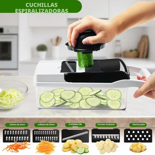 Miniatura 4 de Picador de verduras, cortador de 10 cuchillas para cortar cebolla, cortador de alimentos con mandolina vegetal Multi 23 en 1 para tomate fruta, Negro