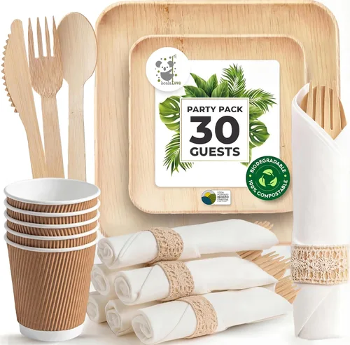 Juego de Fiesta de Platos de Hoja de Palma y Cubiertos de Bambú Pre-Enrollados - Platos Compostables de 10 y 7 Pulgadas, Elegantes Utensilios