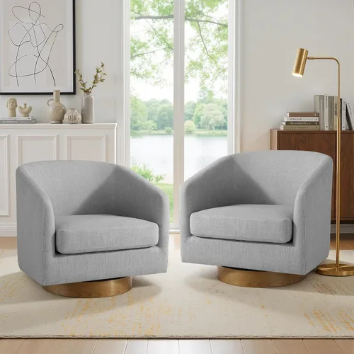 Miniatura 17 de Juego de 2 Sillas Giratorias de Acento, Silla Barril Tapizada en Tela para Sala de Estar, Cómodo Sillón Redondo Sofá Individual Asiento de Lino Beige