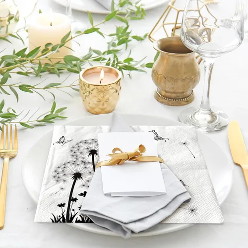 Miniatura 7 de AnyDesign Paquete de 100 servilletas de papel de diente de león, servilletas de almuerzo florales blancas y negras, desechables, decorativas
