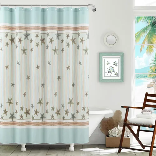 Miniatura 7 de Tremiti Aqua Ocean - Cortina de ducha de poliéster con estrellas de mar a rayas, impermeable, tela con estampado de mar, color verde, para baño, 72