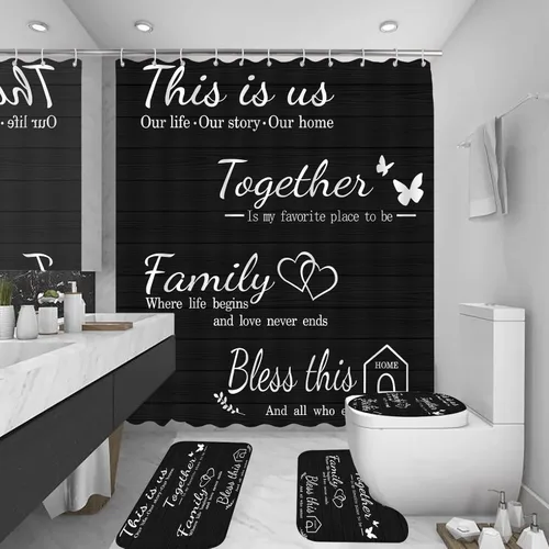 Miniatura 2 de Juego de 4 piezas de cortinas de ducha familiares con alfombras antideslizantes, cubierta para tapa de inodoro y tapete de baño, conjunto negro