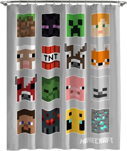 Jay Franco Minecraft Mobs and Blocks - Cortina de ducha y tela de fácil cuidado, cortina de baño con Creeper (producto oficial de Minecraft)