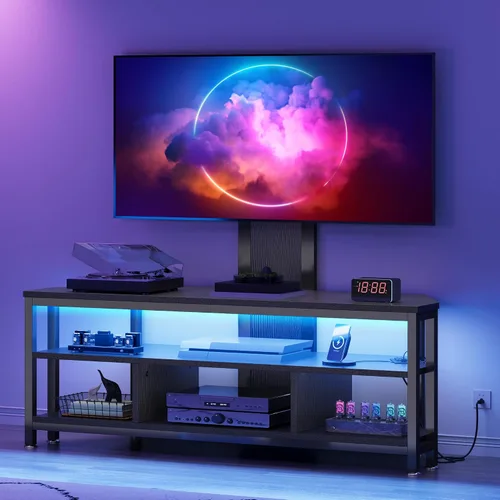 DWVO Soportes de TV negros para sala de estar con toma de corriente, soporte de TV con montaje, centro de entretenimiento LED para TV de 70/65/60