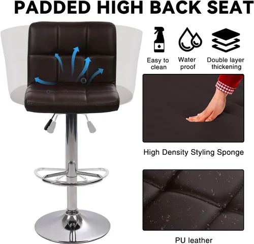 Miniatura 6 de Juego de 2 taburetes de bar, taburete giratorio ajustable de piel sintética, silla de comedor giratoria hidráulica con reposabrazos, sillas modernas
