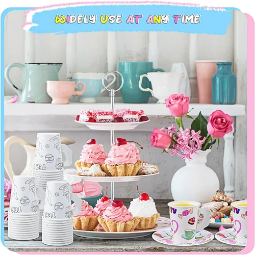 Miniatura 7 de Lenwen Juego de 48 tazas de fiesta de té con asa, tazas y platos de papel de 8 onzas para colorear tú mismo, tazas y platos para aperitivos, postres