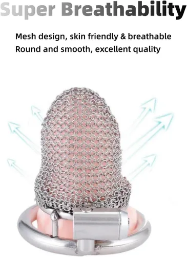 Miniatura 4 de Jaula de castidad masculina, dispositivo de castidad de malla metálica flexible para el pene con anillo de 1.772 in, juguete sexual para adultos