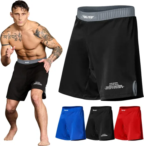 Elite Sports - Shorts de combate para hombre, color negro, para combates MMA, BJJ, Jiu Jitsu