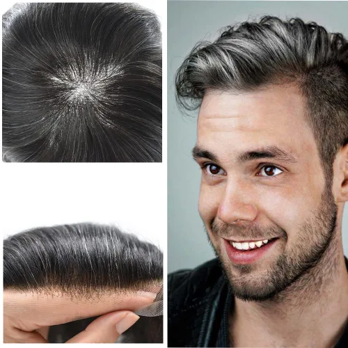 Miniatura 17 de PUNRU HAIR Completo Swiss Lace Toupee para hombres Sistema de cabello humano real Sistema de reemplazo de cabello humano para hombre Toupee