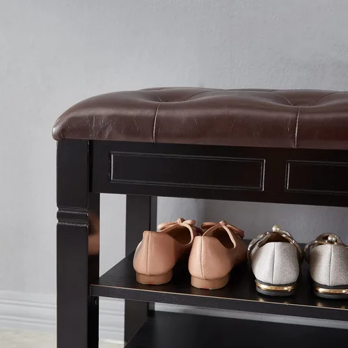 Miniatura 7 de Banco de almacenamiento de zapatos, zapatero de entrada con asiento de cuero de fibra de 2 niveles, organizador superior de madera para entrada