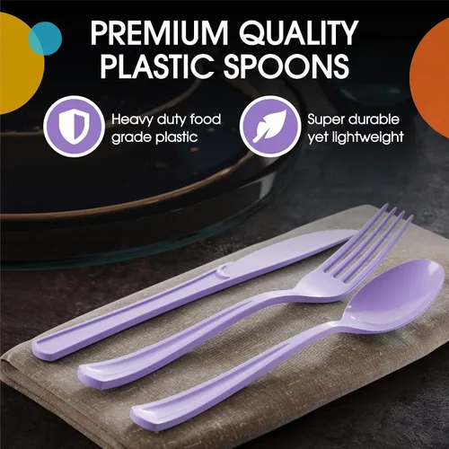 Miniatura 4 de Cubiertos desechables de plástico lavanda resistente, 50 unidades, incluyendo cucharas, tenedores y cuchillos
