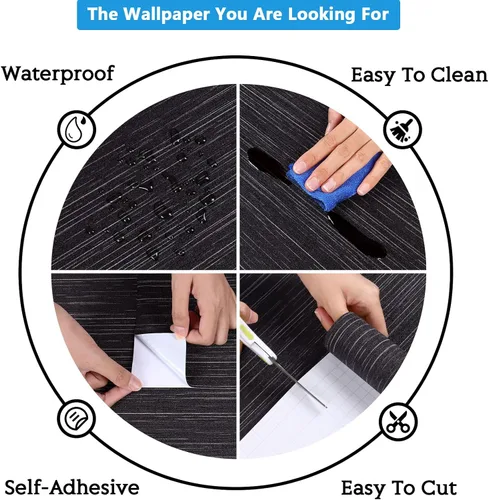 Miniatura 9 de CRE8TIVE Papel Tapiz Negro de Tela de Hierba Despegar y Pegar Texturizado Tela de Lino Tejido Negro Papel de Contacto para Paredes Autoadhesivo