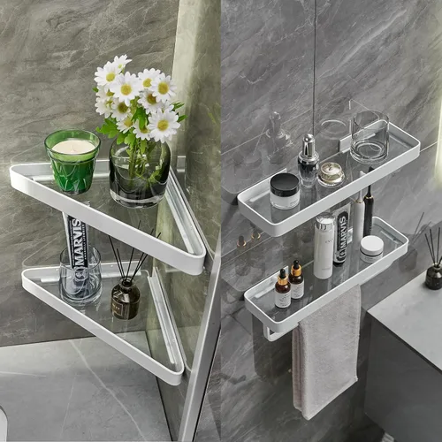 Miniatura 3 de VOLPONE Estantes de baño Estante de esquina de vidrio montado en la pared para baño Estante flotante Organizador de pared de vidrio templado 2