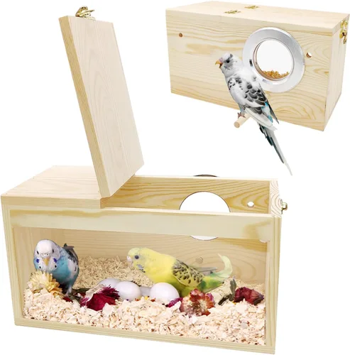BNOSDM Caja nido de periquitos, caja transparente para cría de nidos de pájaros con perca, casa de pájaros de madera para jaula de cacatúas,