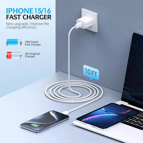 Miniatura 2 de Cargador de carga rápida para iPhone 17 16 15, paquete de 2 cables tejidos USB C de 10 pies de largo con bloque de carga rápida USBC de 20 W