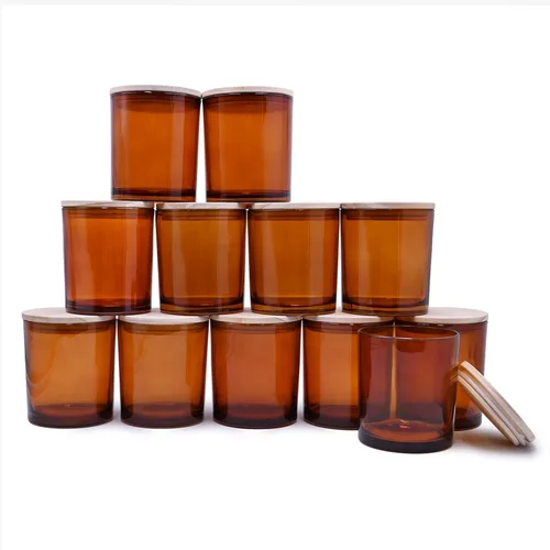 Miniatura 19 de SHOWIN Tarros de vela gruesos de 14 OZ para hacer velas 12 Piezas, tarros vacíos de 3 mechas con tapas de madera para hacer velas, recipiente