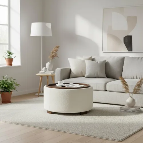 Miniatura 5 de Zihanhome Mesa de Centro Otomana de Almacenamiento Redonda de 30 Pulgadas, Otomana Boucle Moderna con Tapa Desmontable y Patas de Madera Maciza