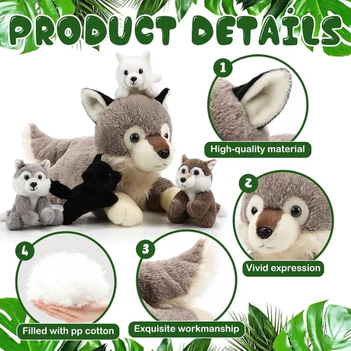 Miniatura 3 de Shappy Juego de 5 juguetes de peluche de lobo de 16 pulgadas con 4 lobos bebés interactivos para niños, niñas, graduación, regreso a clases