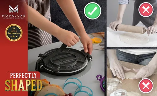 Miniatura 8 de Movaluxe® Prensa de tortilla de hierro fundido de 10 pulgadas XL - Máquina para hacer maíz y harina Roti Prensador de tortillera resistente. Con