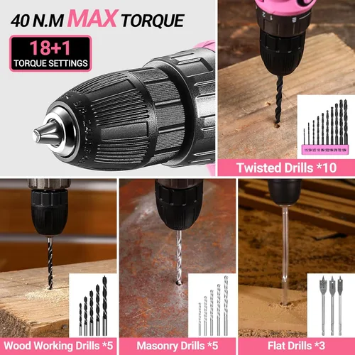 Miniatura 5 de Juego de herramientas de taladro eléctrico rosado: taladro eléctrico inalámbrico de 20 V, controlador, caja de herramientas con batería
