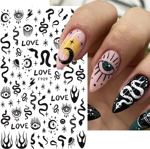 Calcomanías de uñas autoadhesivas 3D de rosa negra, diseño holográfico de serpiente, sol, estrellas, decoración para mujeres, consejos de manicura y
