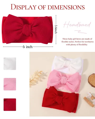 Miniatura 2 de jollybows 3 diademas con lazos para bebé, de nailon suave, para recién nacidos, niños pequeños, lindos lazos anchos y accesorios para el cabello